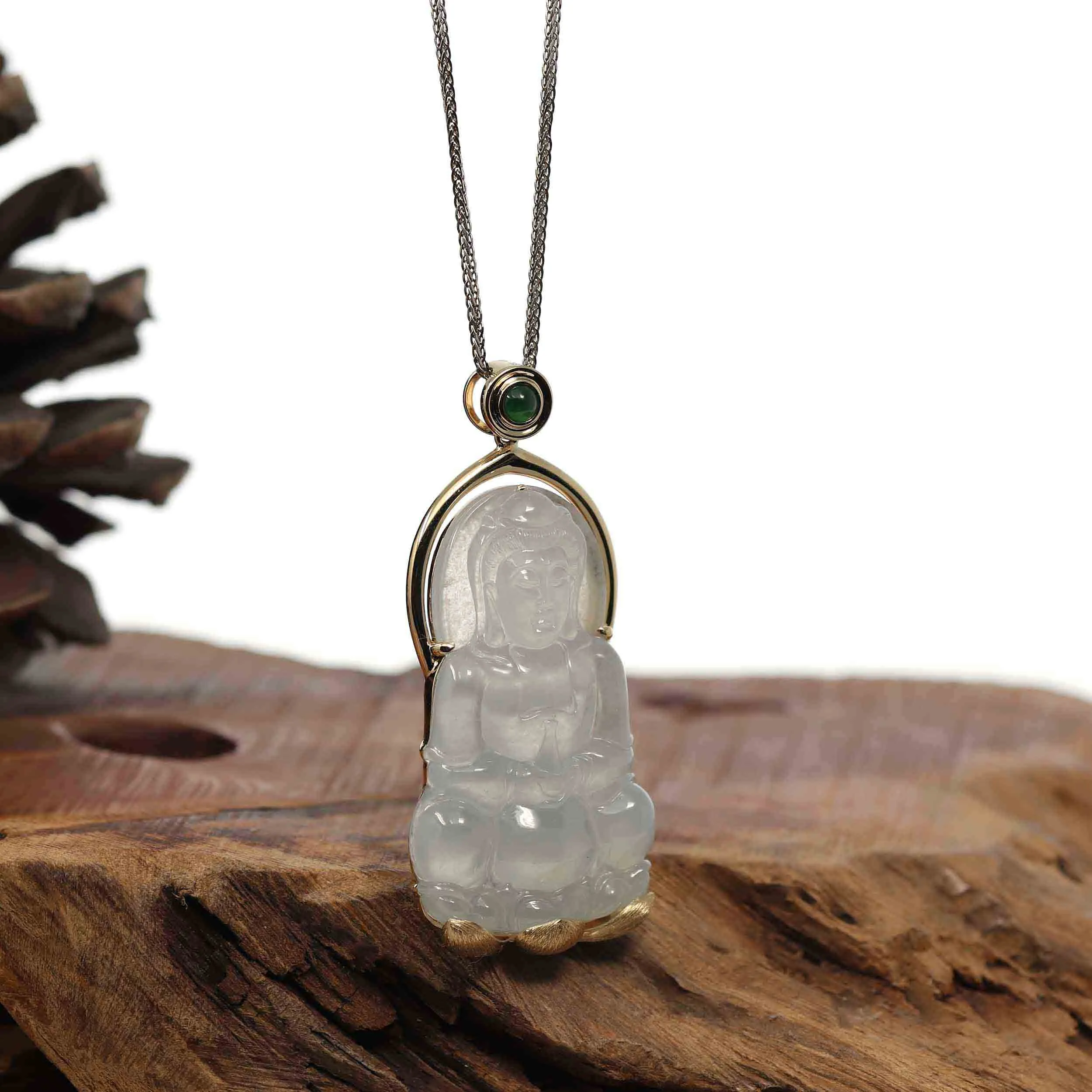 RealJade® Co. 14k Gold "Goddess of Compassion" Genuine Burmese Jadeite Jade Guanyin Necklace
