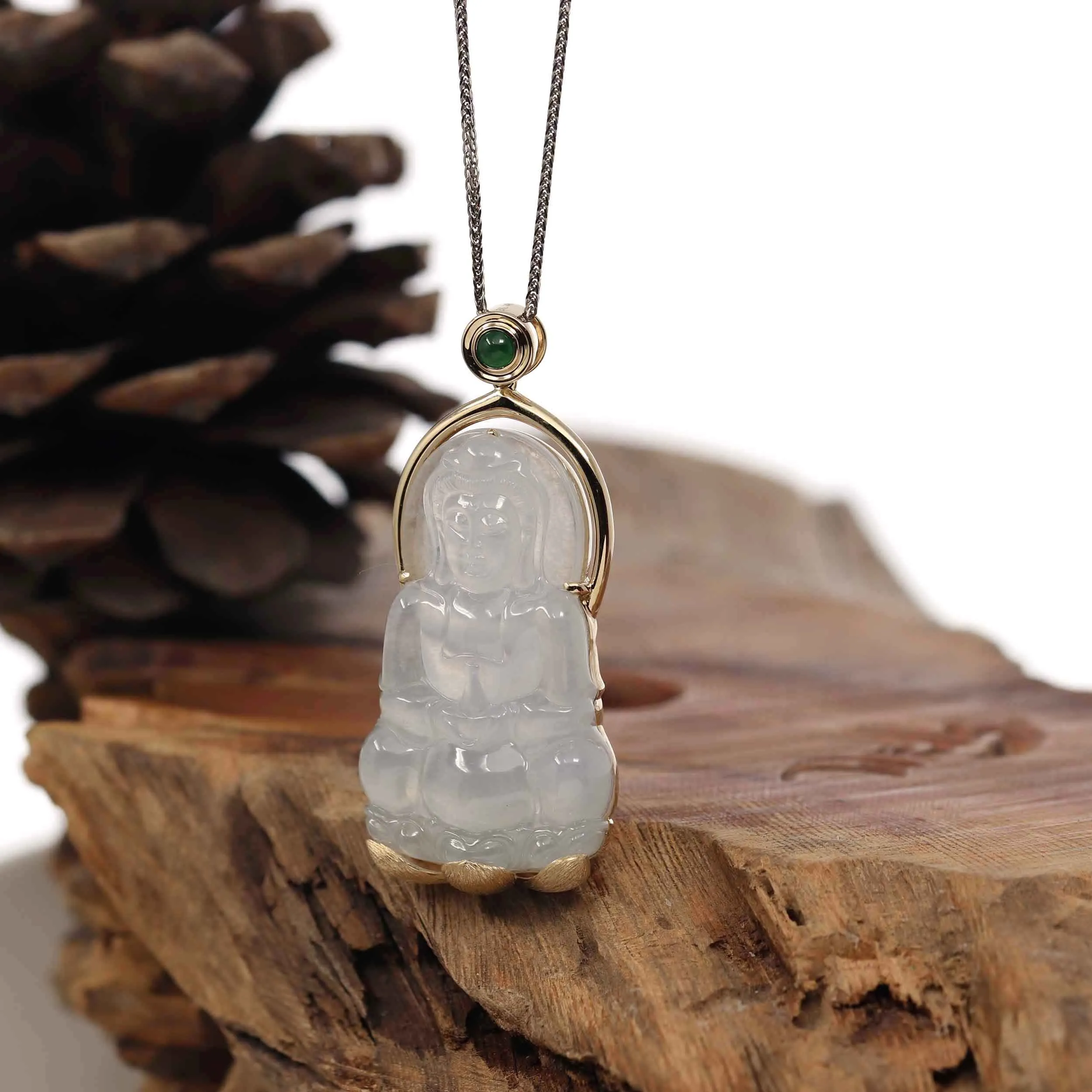 RealJade® Co. 14k Gold "Goddess of Compassion" Genuine Burmese Jadeite Jade Guanyin Necklace