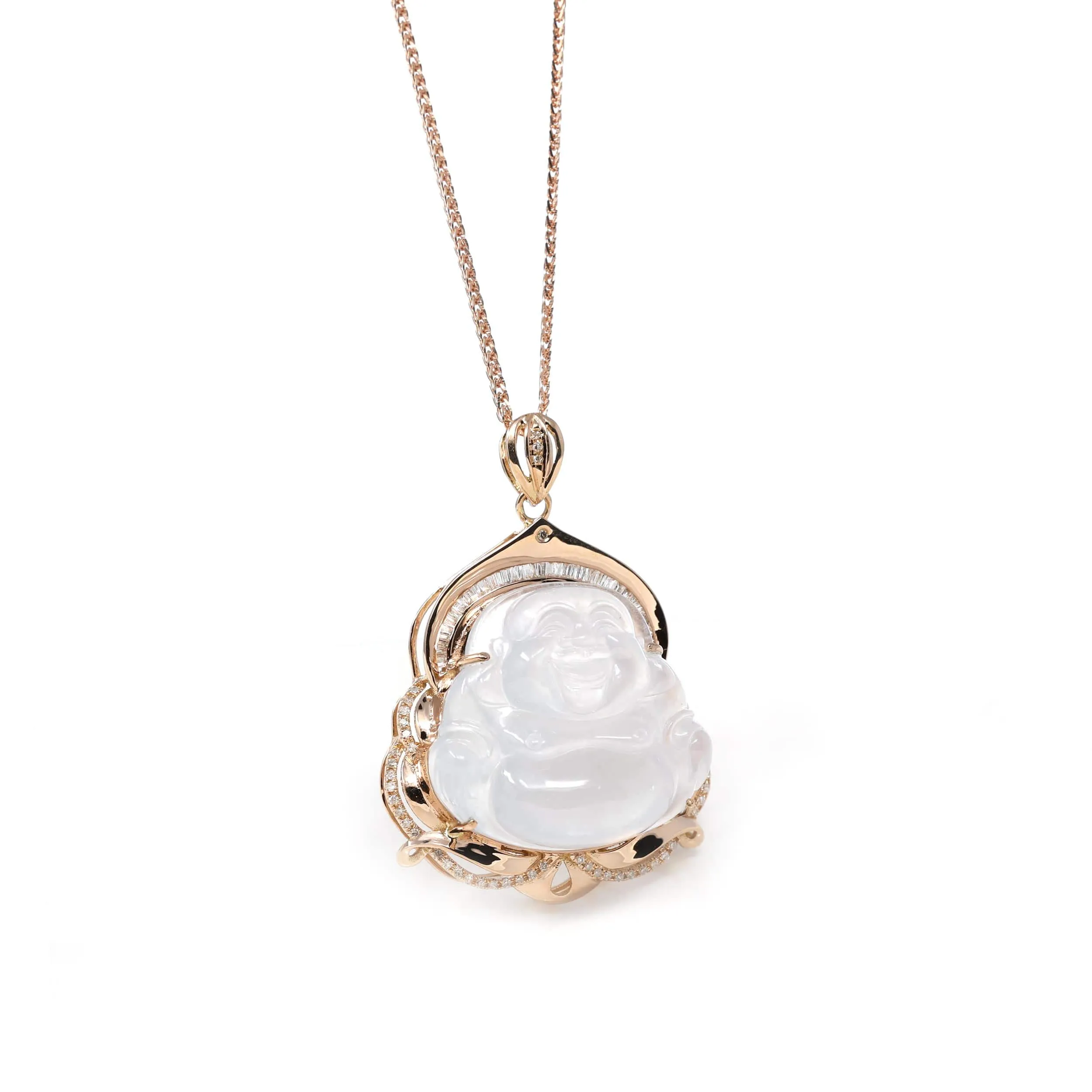 RealJade® Co. 18K Rose Gold Genuine Burmese Ice Jadeite Buddha Pendant with Diamonds High Jewelry