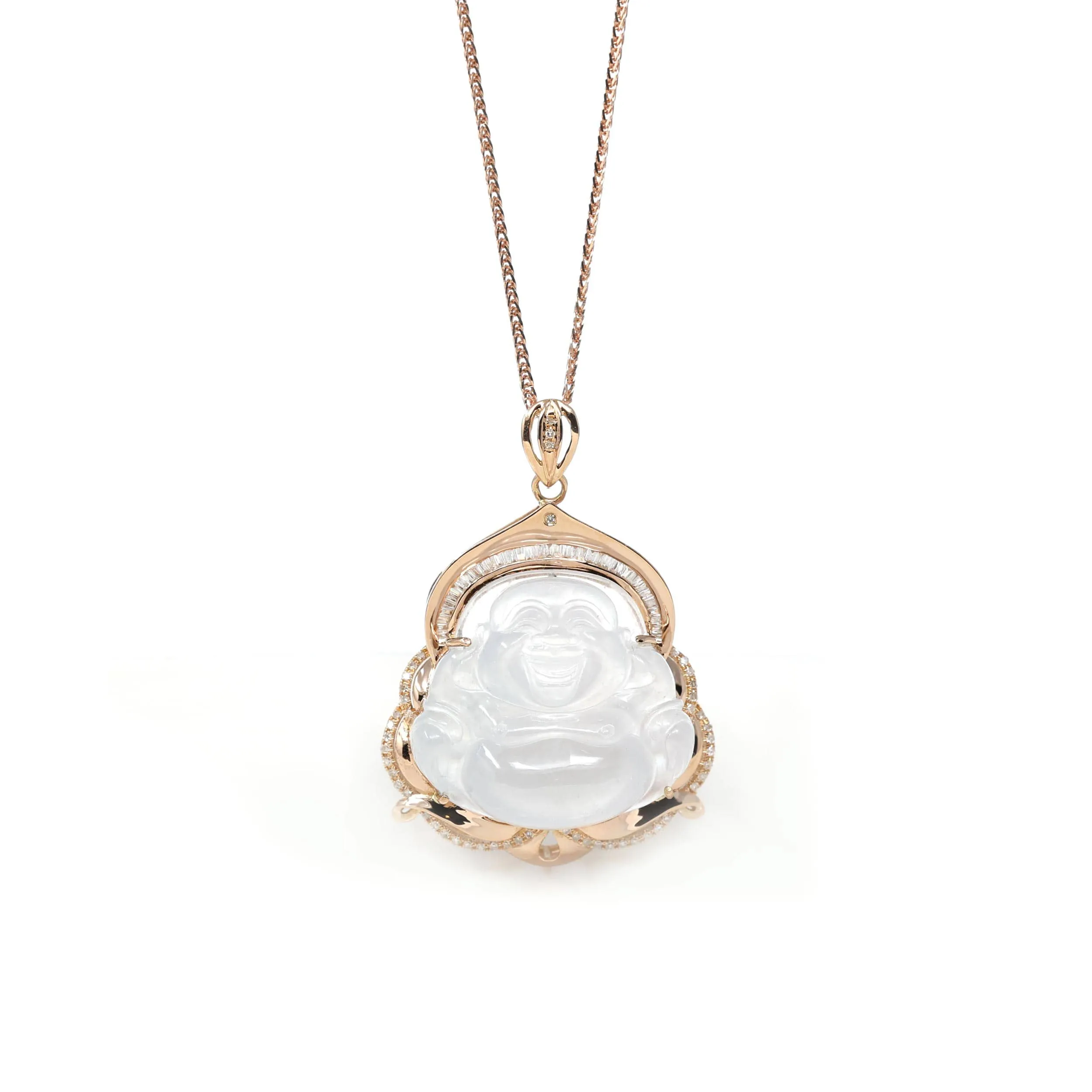 RealJade® Co. 18K Rose Gold Genuine Burmese Ice Jadeite Buddha Pendant with Diamonds High Jewelry