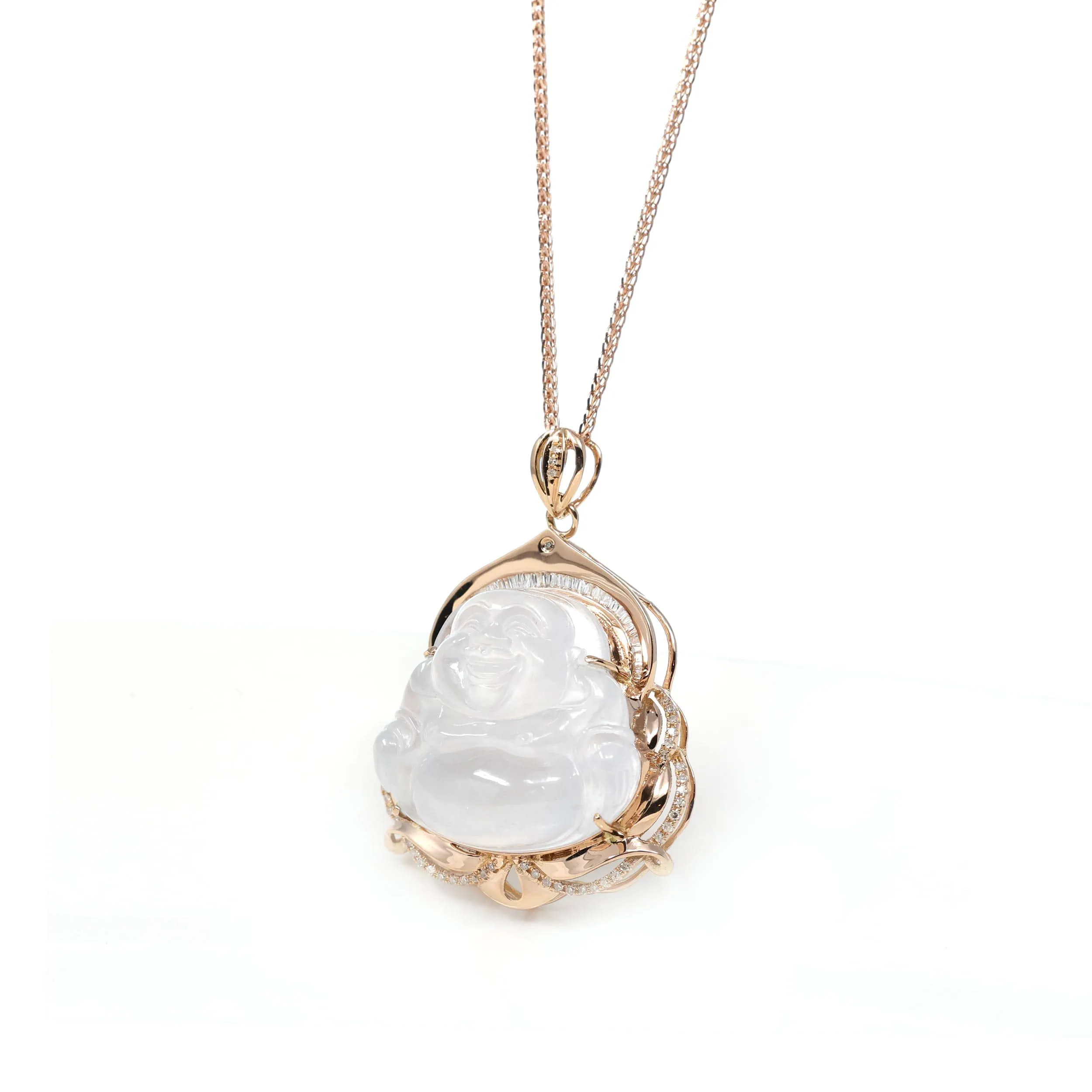 RealJade® Co. 18K Rose Gold Genuine Burmese Ice Jadeite Buddha Pendant with Diamonds High Jewelry