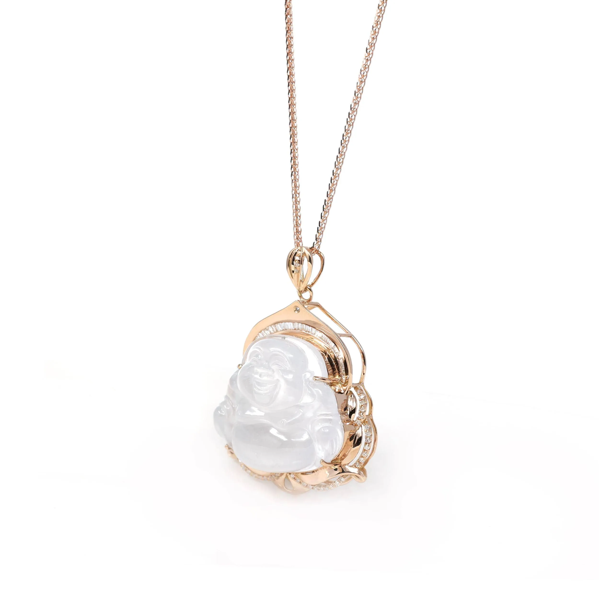 RealJade® Co. 18K Rose Gold Genuine Burmese Ice Jadeite Buddha Pendant with Diamonds High Jewelry