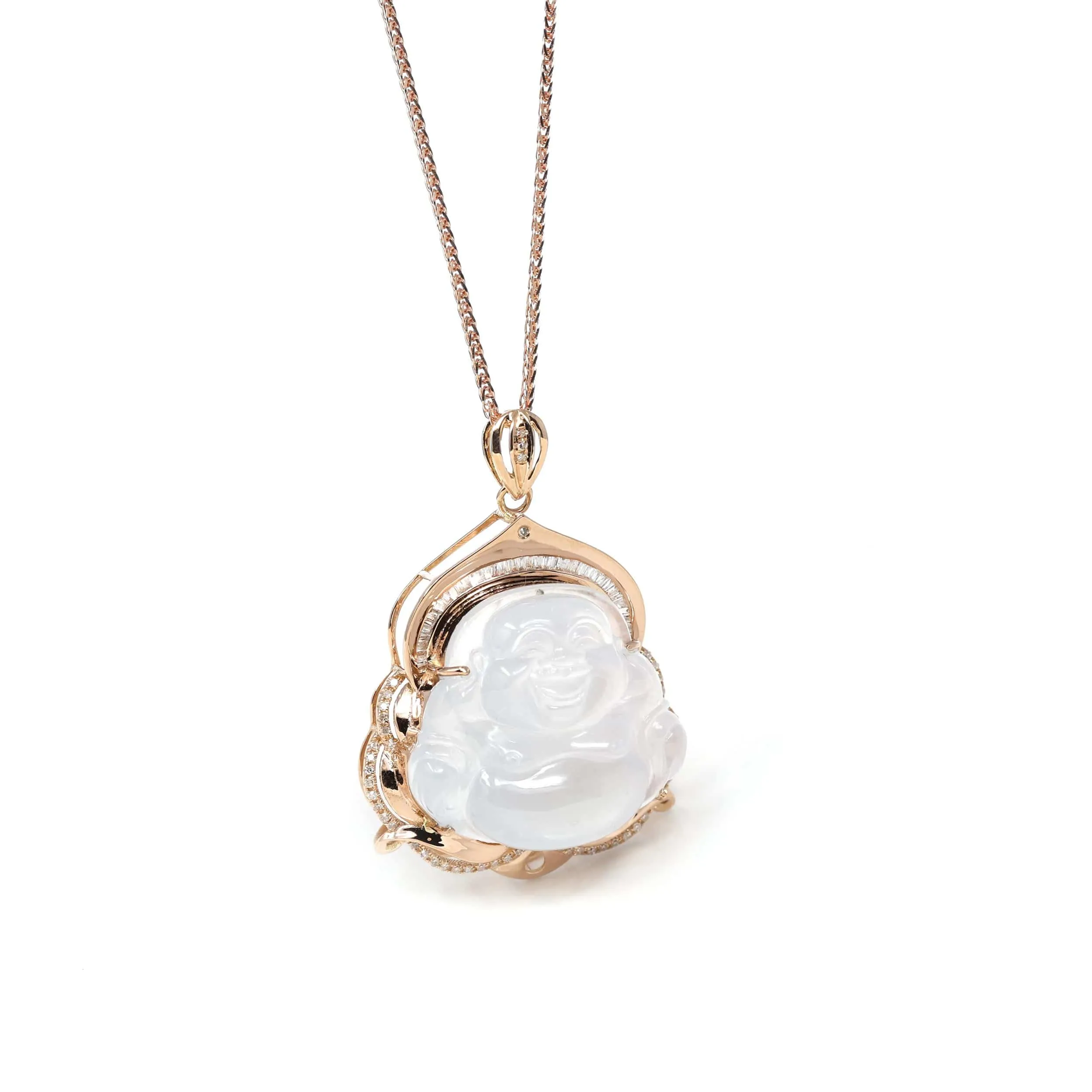RealJade® Co. 18K Rose Gold Genuine Burmese Ice Jadeite Buddha Pendant with Diamonds High Jewelry