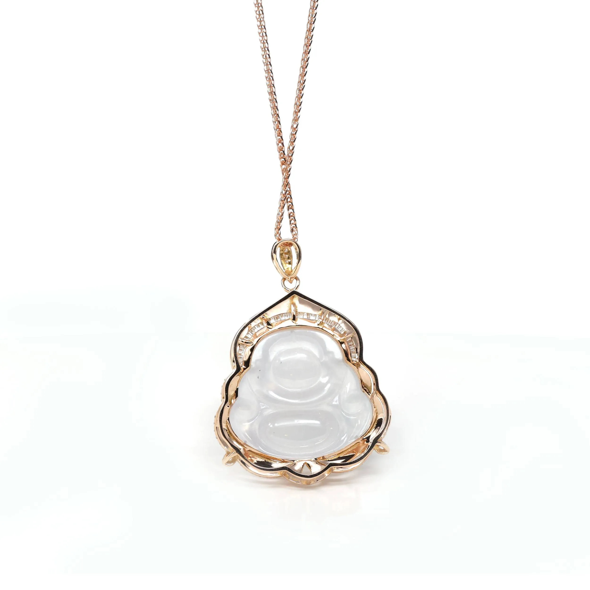 RealJade® Co. 18K Rose Gold Genuine Burmese Ice Jadeite Buddha Pendant with Diamonds High Jewelry