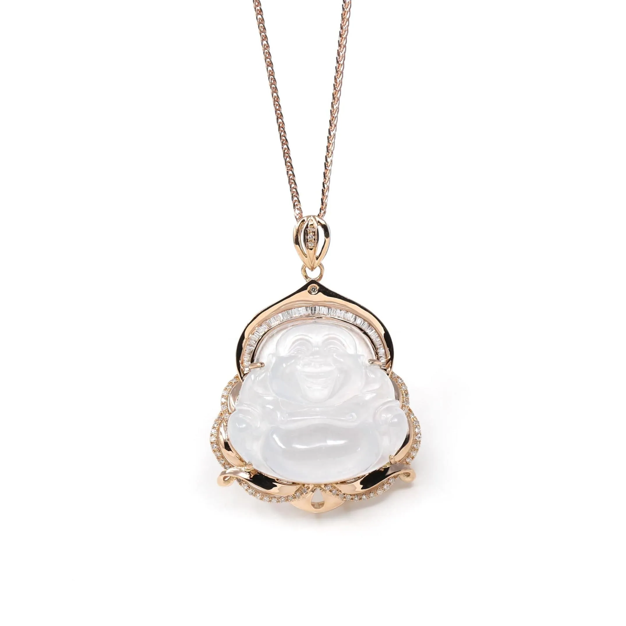 RealJade® Co. 18K Rose Gold Genuine Burmese Ice Jadeite Buddha Pendant with Diamonds High Jewelry