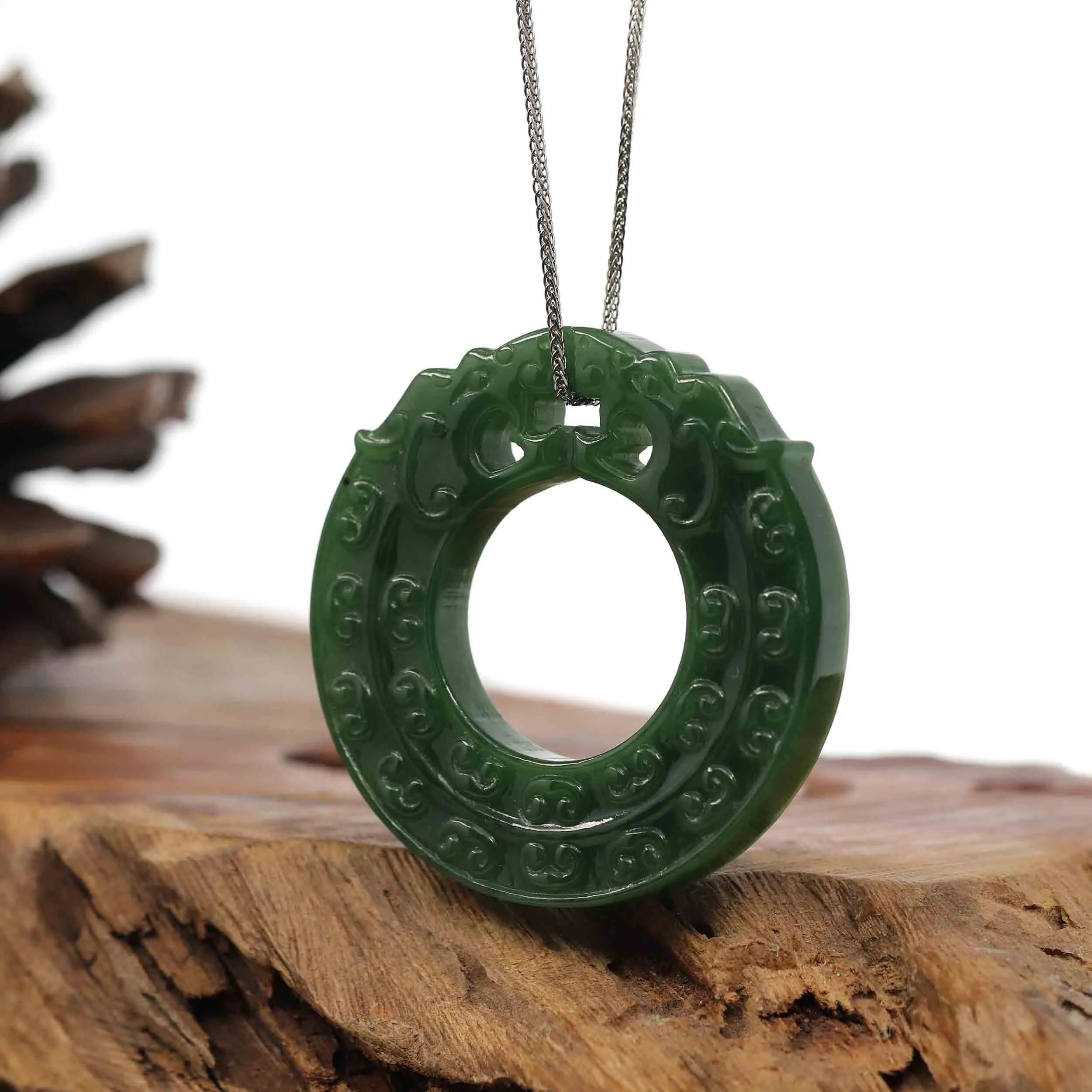 RealJade® Co. " Double Dragon Good Fortune" Carving Pendant Necklace Natural Nephrite Jade