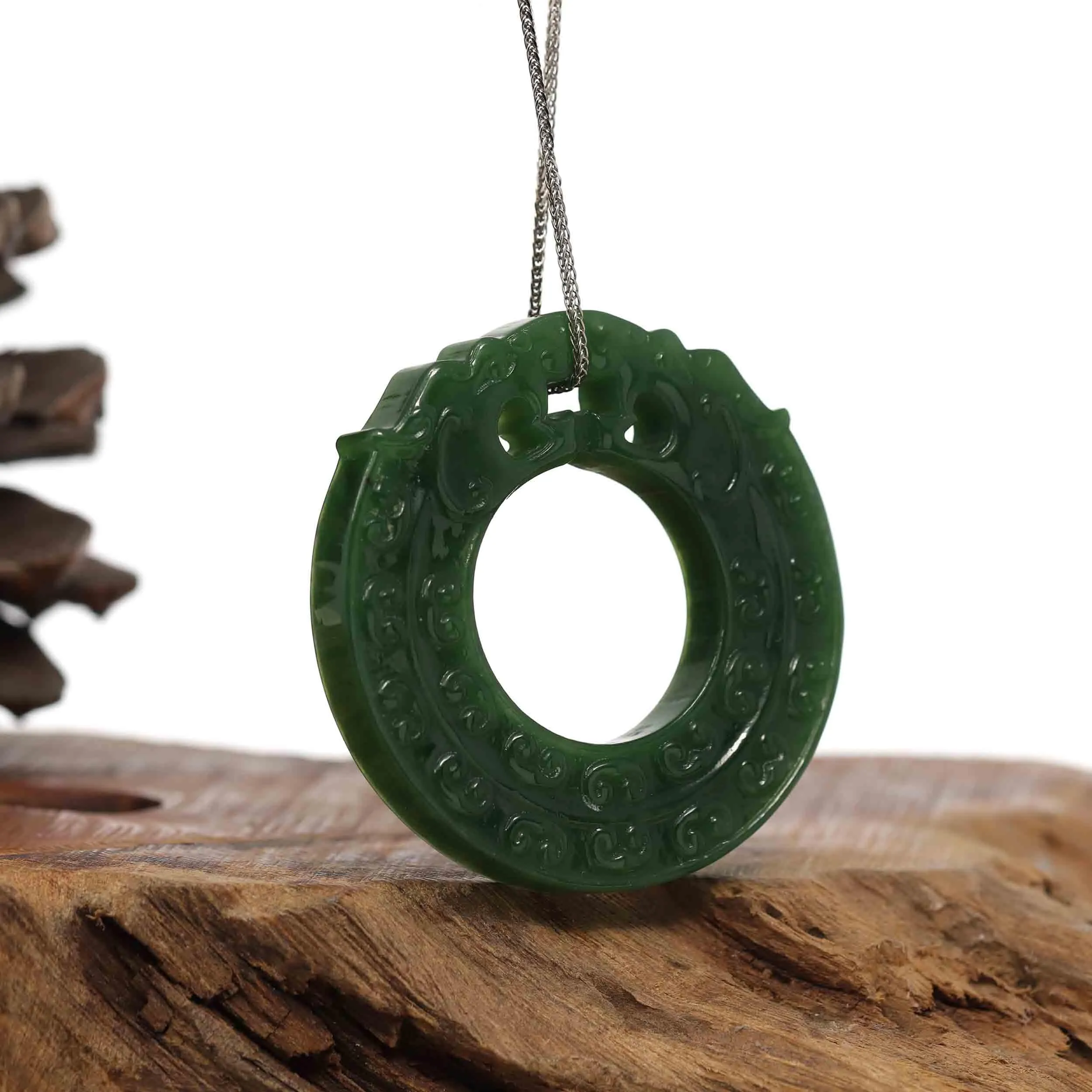 RealJade® Co. " Double Dragon Good Fortune" Carving Pendant Necklace Natural Nephrite Jade