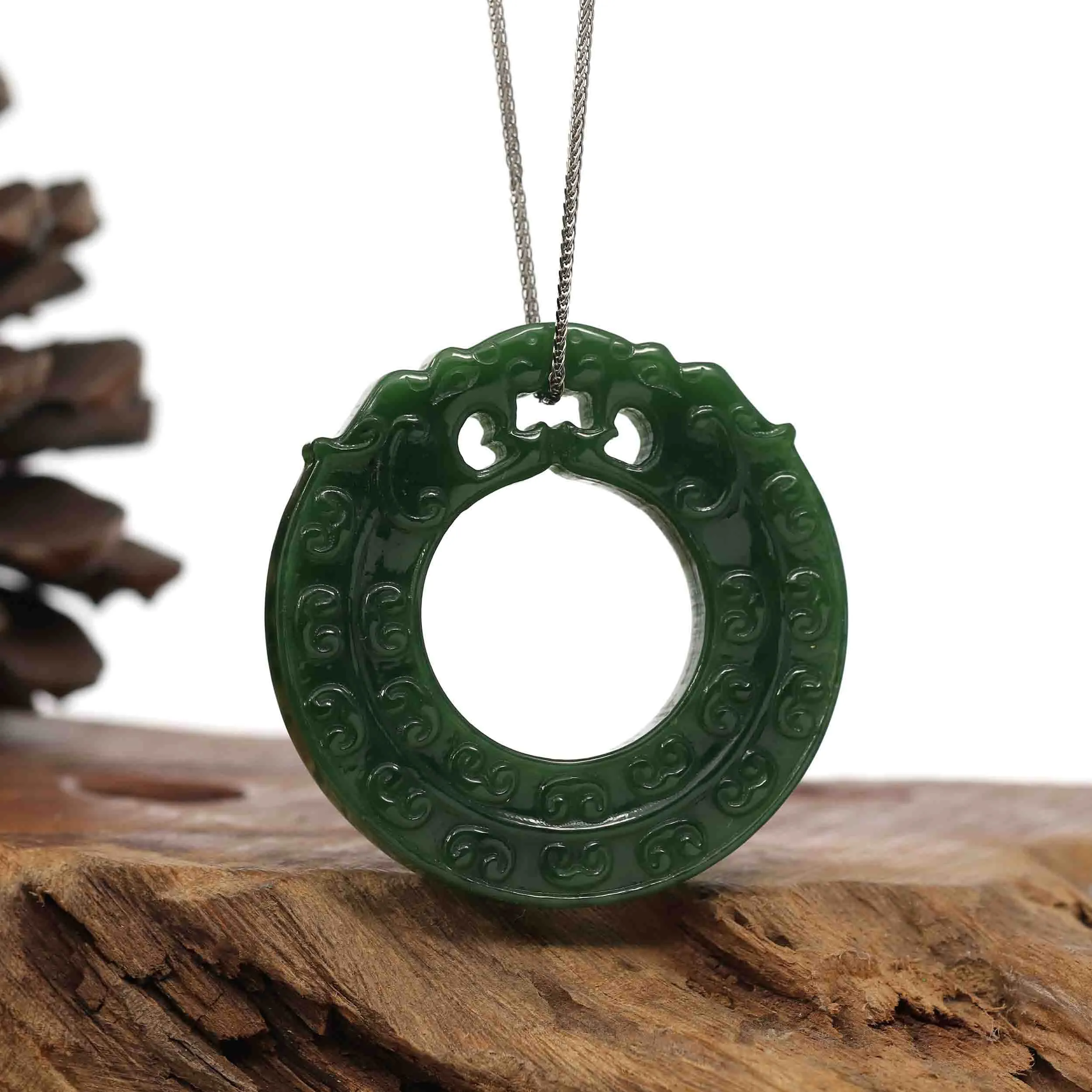 RealJade® Co. " Double Dragon Good Fortune" Carving Pendant Necklace Natural Nephrite Jade