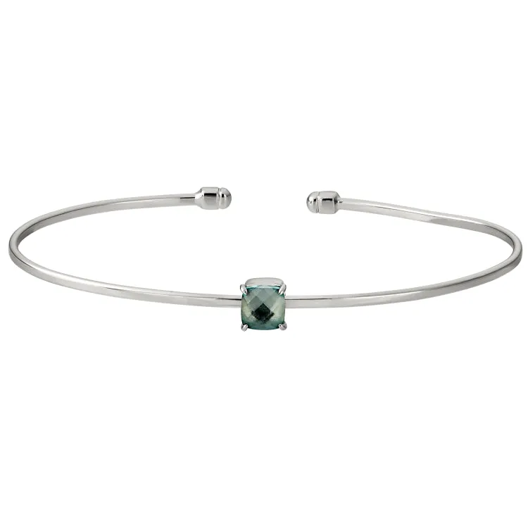 Rhodium Finish Sterling Silver Pliable Cuff Bracelet with Faceted Cushion Cut Simulated Blue Topaz Birth Gem - December