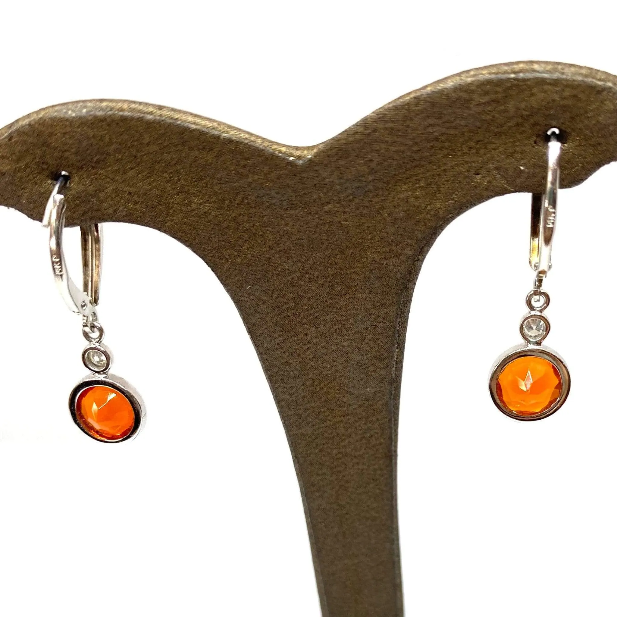 Round Vibrant Orange Fire Opal Dangle Bezel Earrings 14KW 1.72ctw