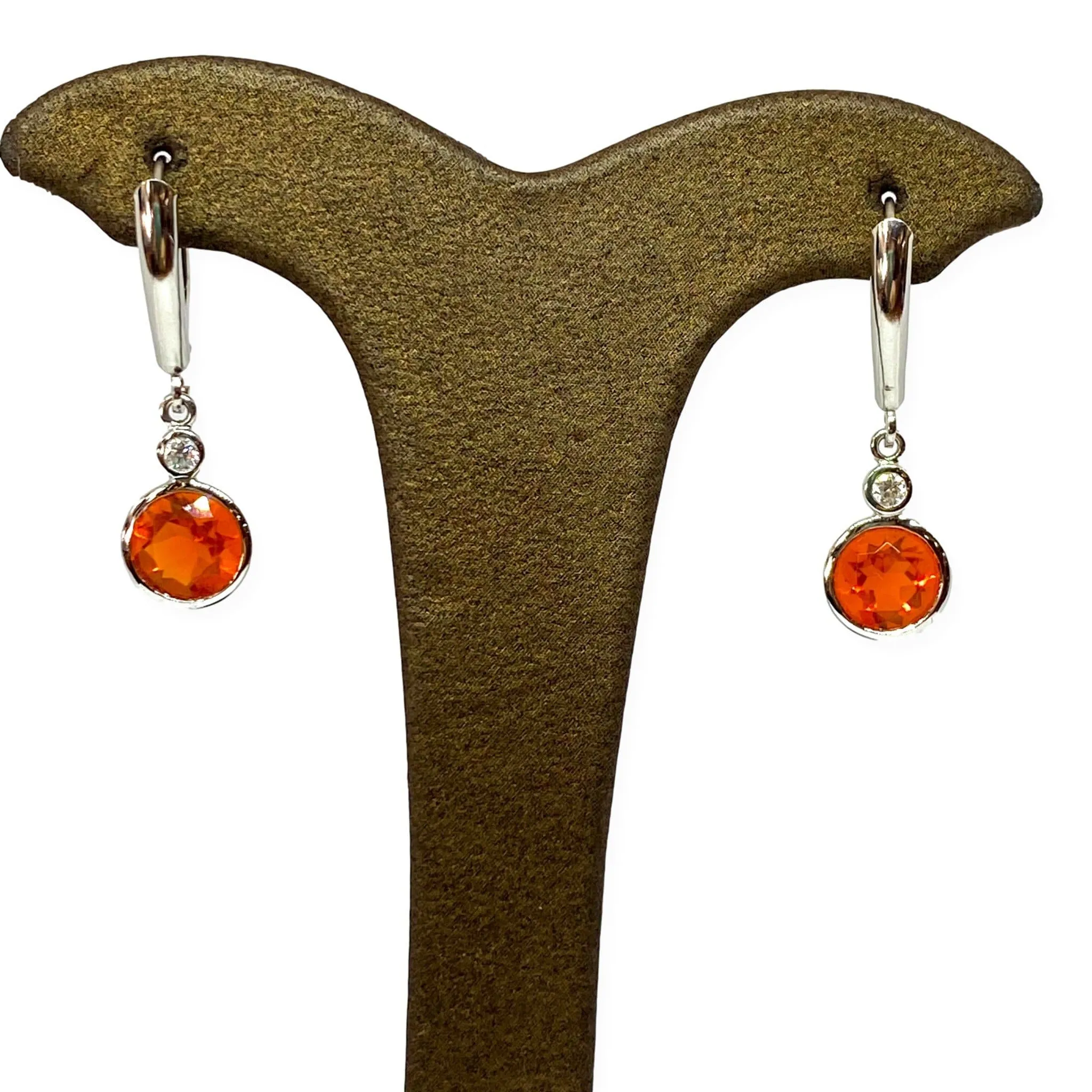 Round Vibrant Orange Fire Opal Dangle Bezel Earrings 14KW 1.72ctw