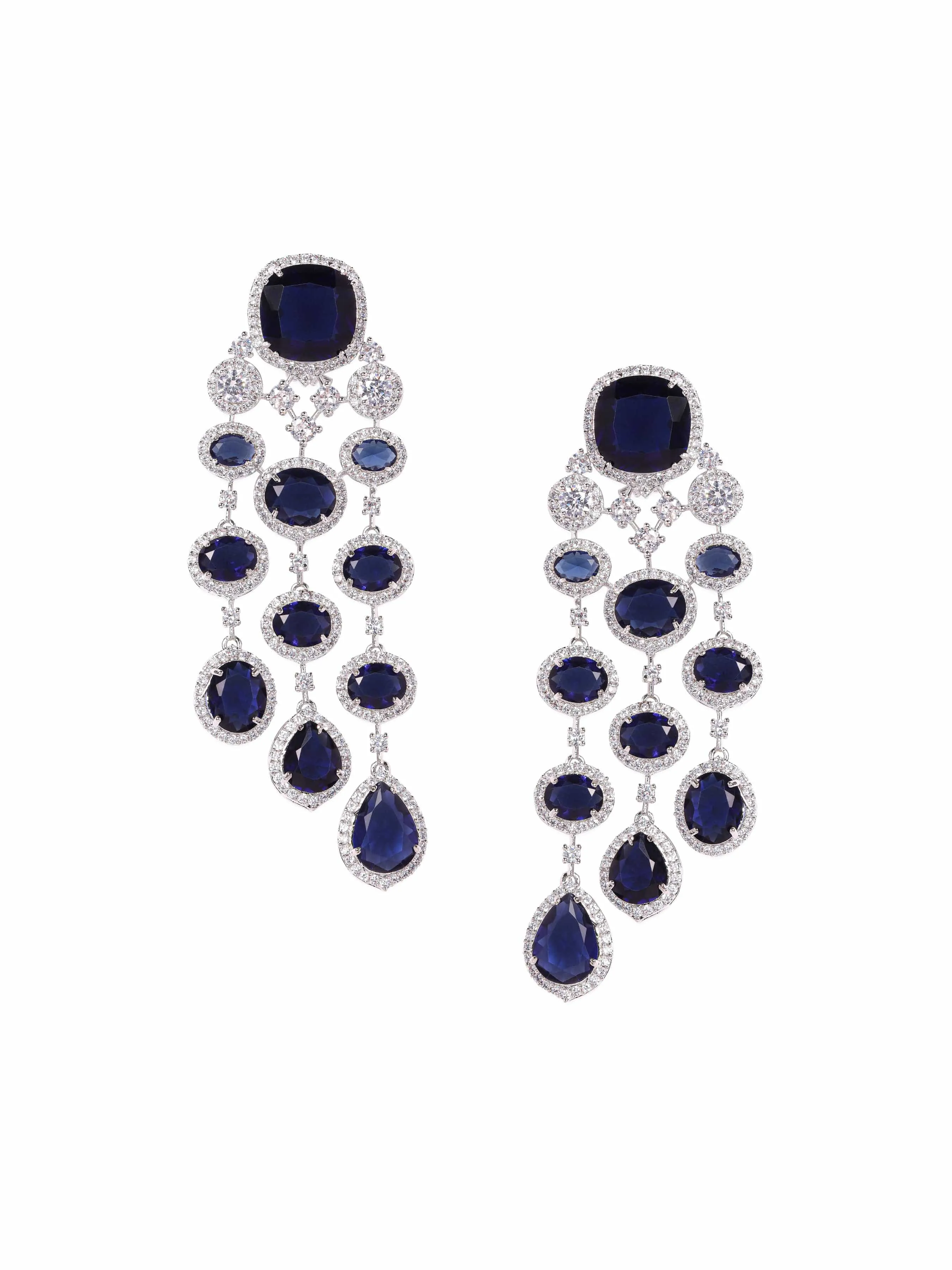 Rubans High finish Rhodium plated AAA Cubic Zirconia studded Sapphire Blue Luxury Chandelier Earring