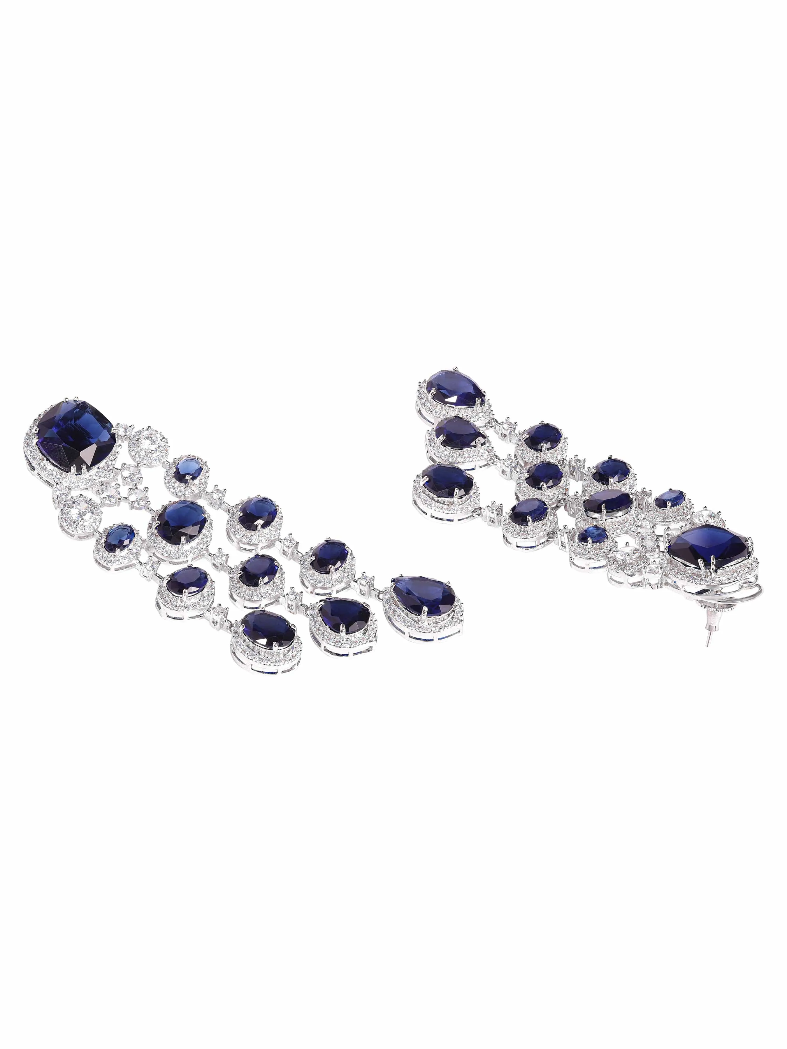 Rubans High finish Rhodium plated AAA Cubic Zirconia studded Sapphire Blue Luxury Chandelier Earring