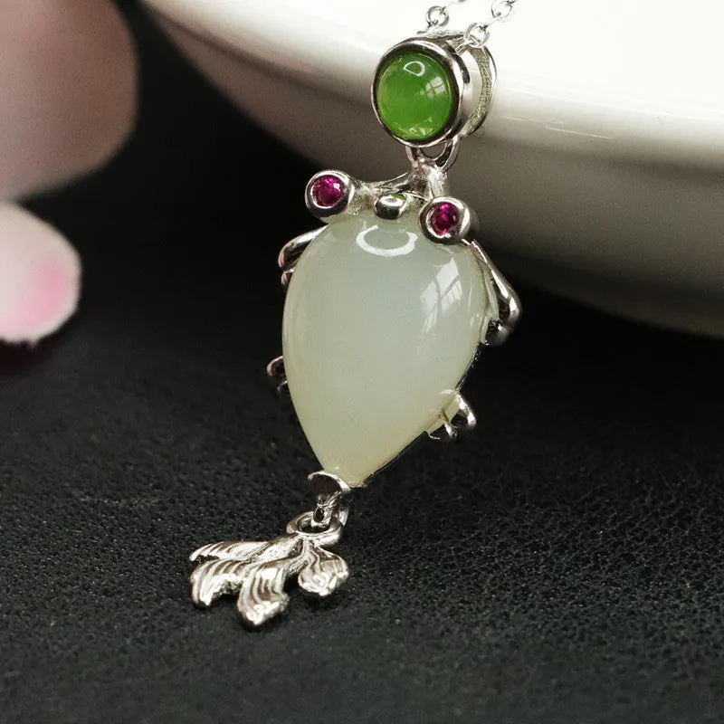 S925 Silver Natural Hetian Jade Pendant Goldfish Koi Necklace Jewelry