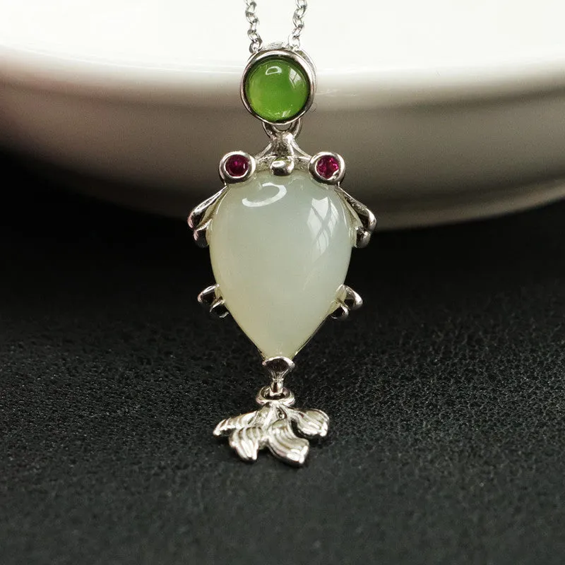 S925 Silver Natural Hetian Jade Pendant Goldfish Koi Necklace Jewelry