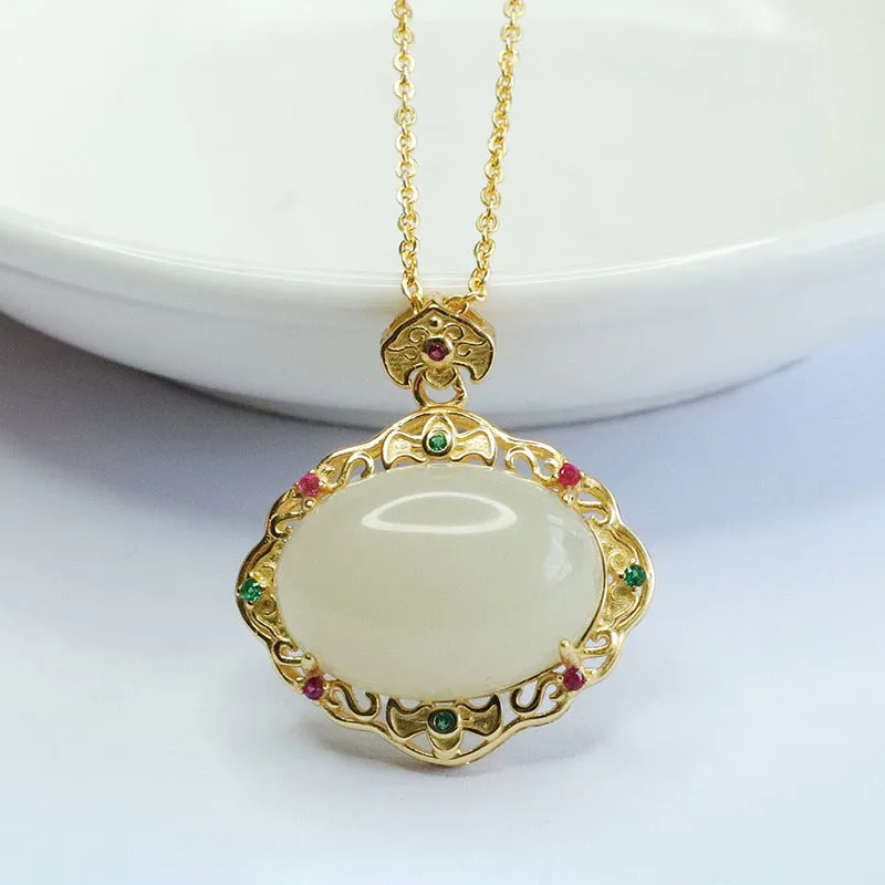 S925 Silver Natural Hotan Jade White Jade Ruyi Colourful Zircon Necklace