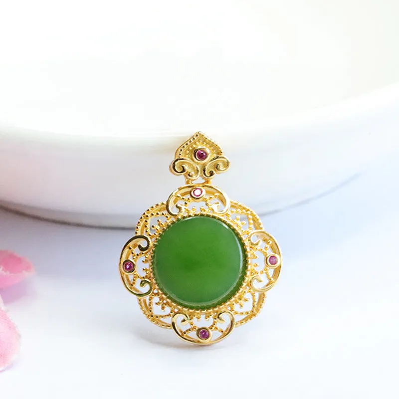 S925 Sterling Silver Natural Hotan Jade Pendant Necklace with Jasper Hollow Detail