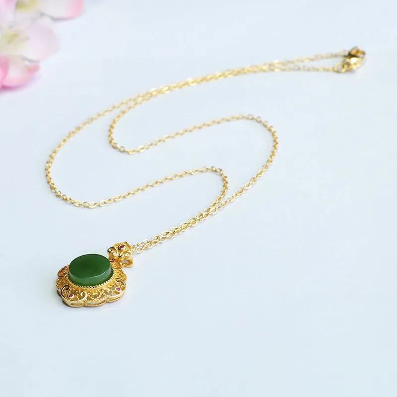 S925 Sterling Silver Natural Hotan Jade Pendant Necklace with Jasper Hollow Detail