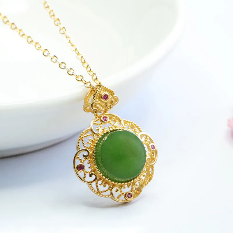 S925 Sterling Silver Natural Hotan Jade Pendant Necklace with Jasper Hollow Detail
