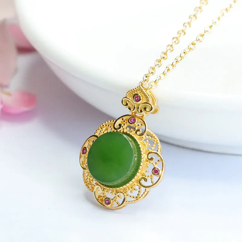 S925 Sterling Silver Natural Hotan Jade Pendant Necklace with Jasper Hollow Detail