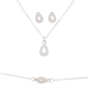 Silver Cubic Zirconia Teardrop Necklace Bracelet Earring Set