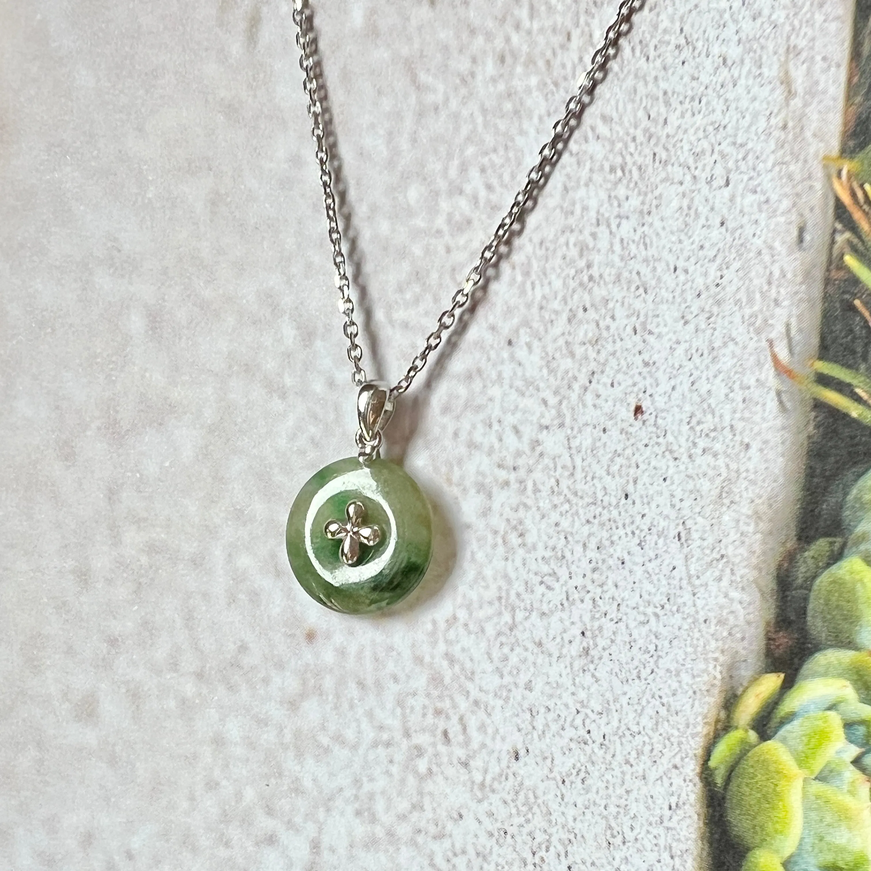 SOLD OUT: A-Grade Floral Yellowish Green Jadeite Donut Pendant (Lilac Flower) No.172101