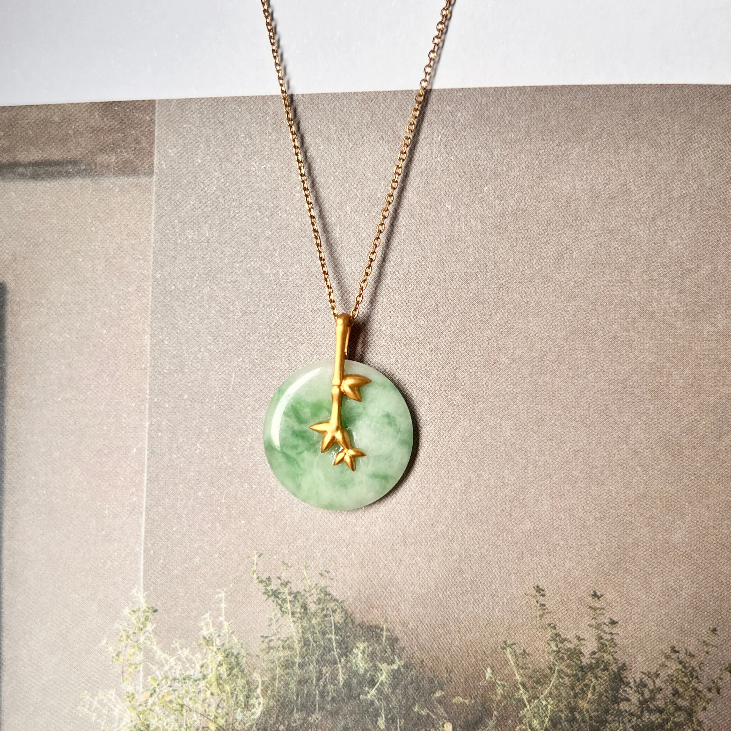 SOLD OUT: A-Grade Moss on Snow Jadeite Donut Pendant (Bamboo) No.172425