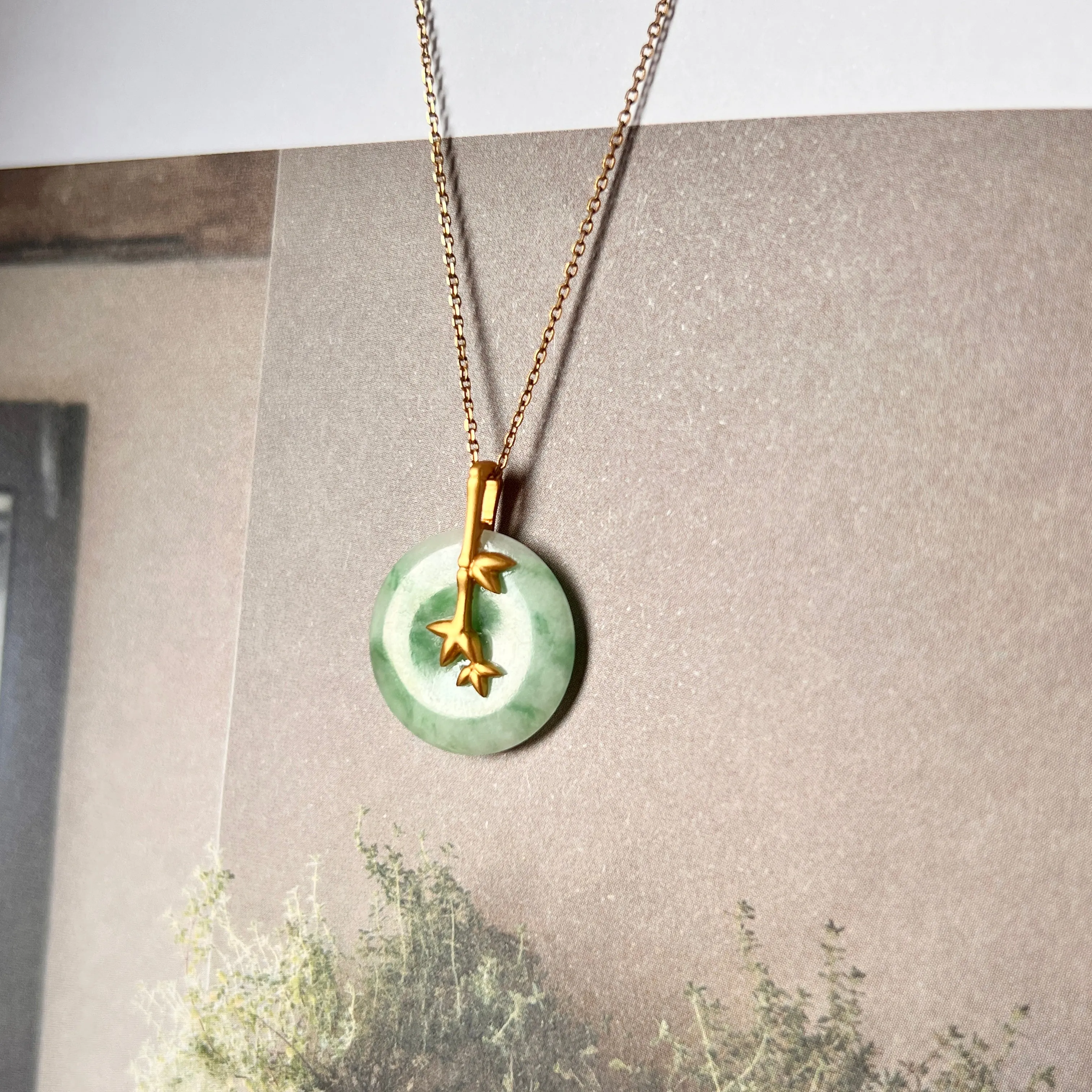 SOLD OUT: A-Grade Moss on Snow Jadeite Donut Pendant (Bamboo) No.172425