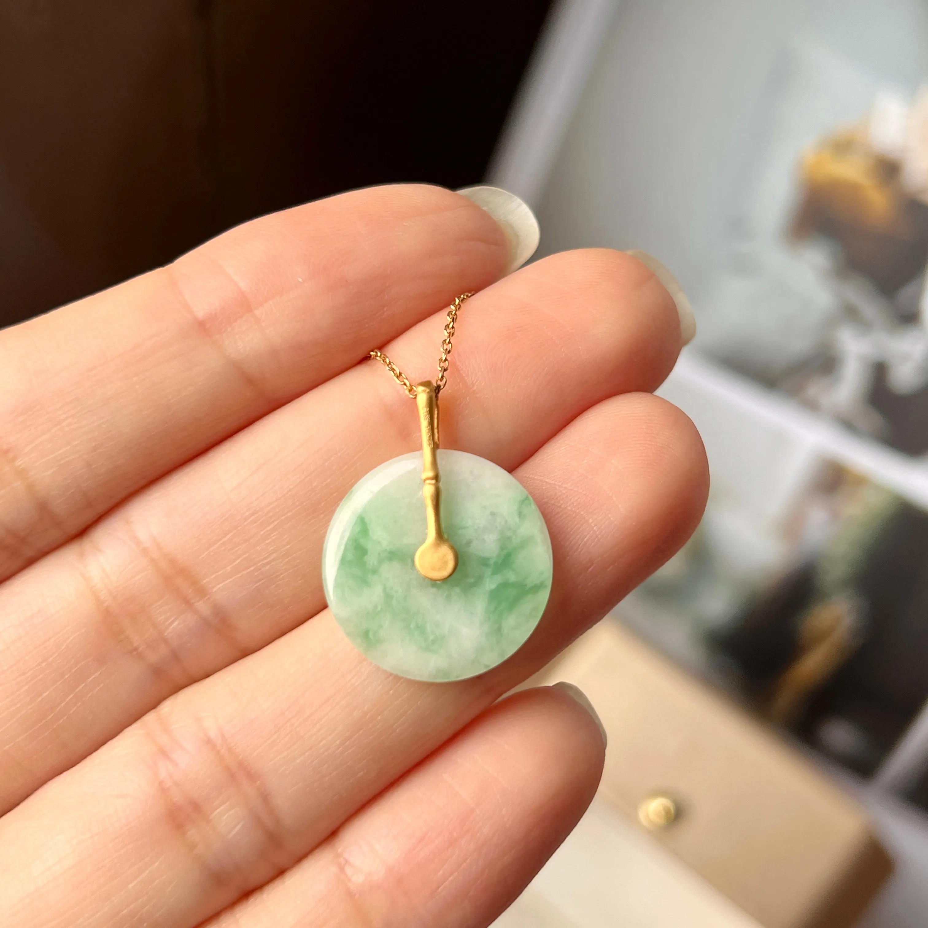 SOLD OUT: A-Grade Moss on Snow Jadeite Donut Pendant (Bamboo) No.172425