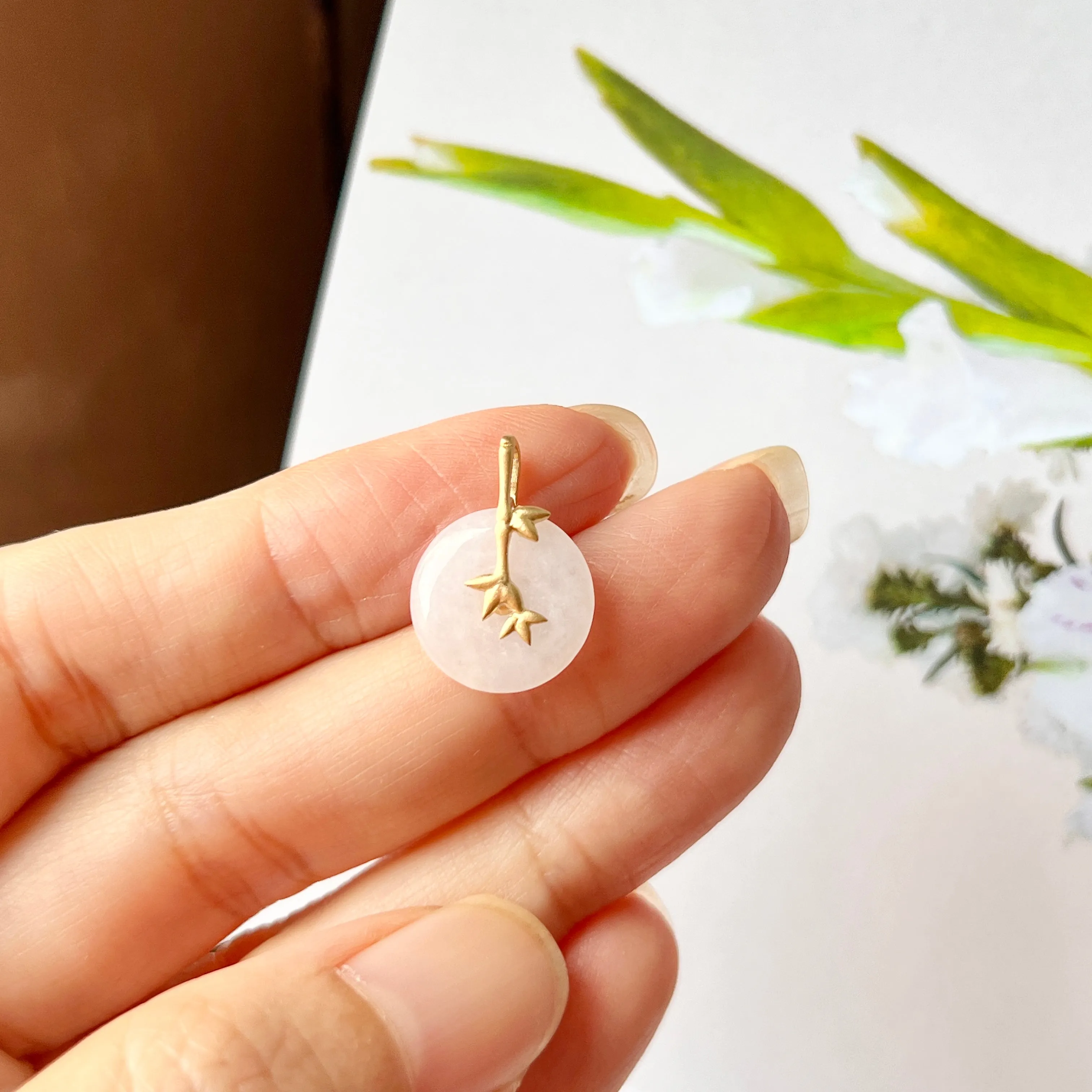 SOLD OUT: A-Grade White Jadeite Donut Pendant (Bamboo) No.172141