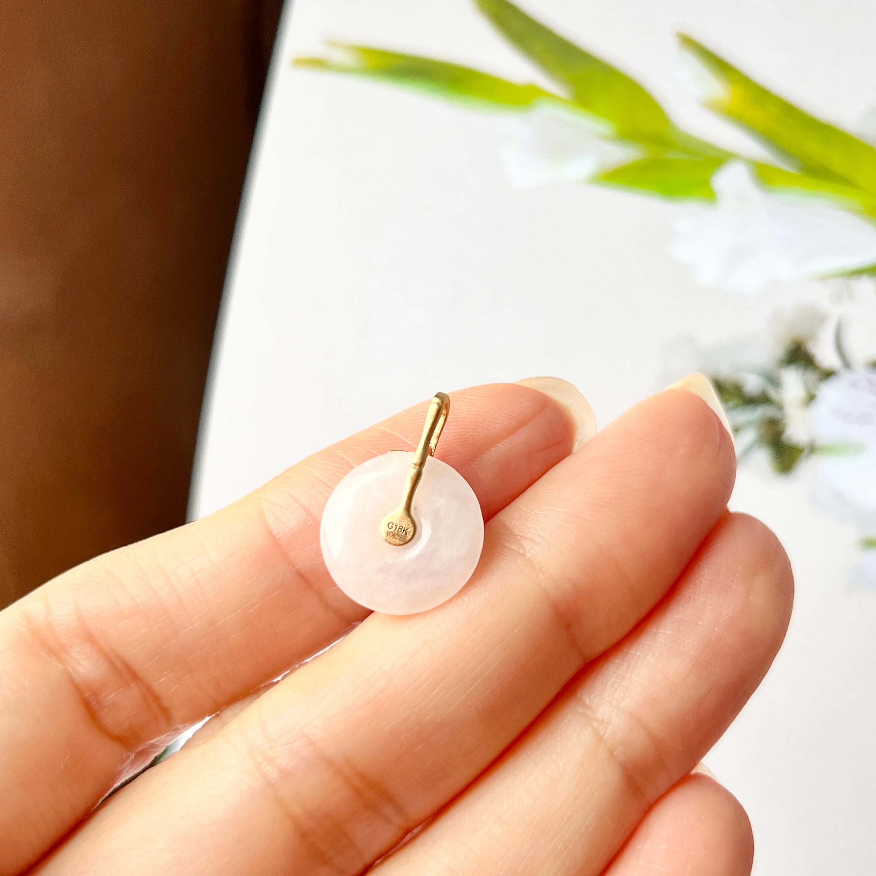 SOLD OUT: A-Grade White Jadeite Donut Pendant (Bamboo) No.172141