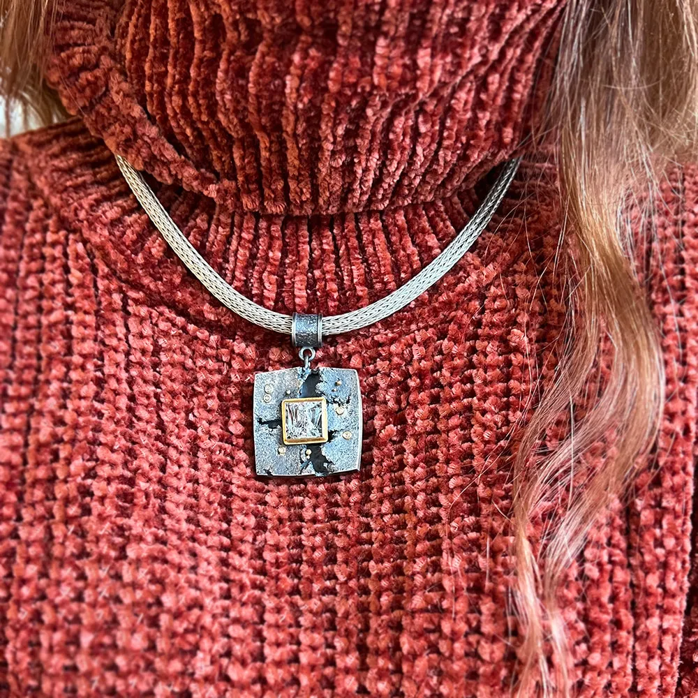 Sterling Silver & Gold Quartz Necklace - "Phantom's Mirror"