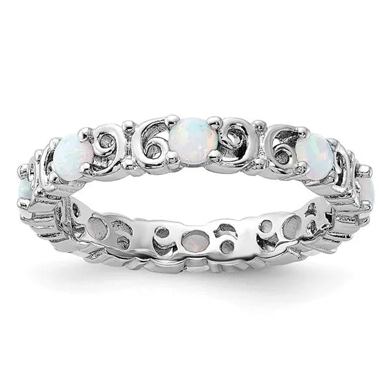 Sterling Silver Stackable Expressions Created Opal Carved Filigree Ring