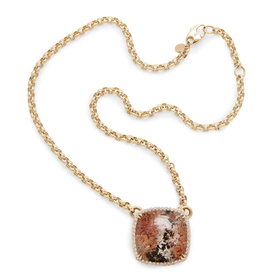 Terra Firma Cushion Halo Necklace - Yellow Gold, Cushion Quartz & White Diamonds