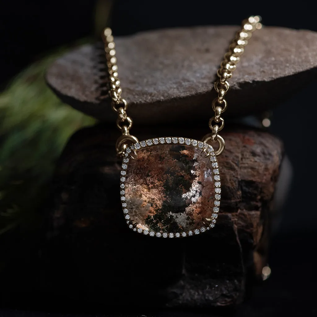 Terra Firma Cushion Halo Necklace - Yellow Gold, Cushion Quartz & White Diamonds
