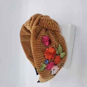 Top Knot Mustard Headband With Floral Appliques
