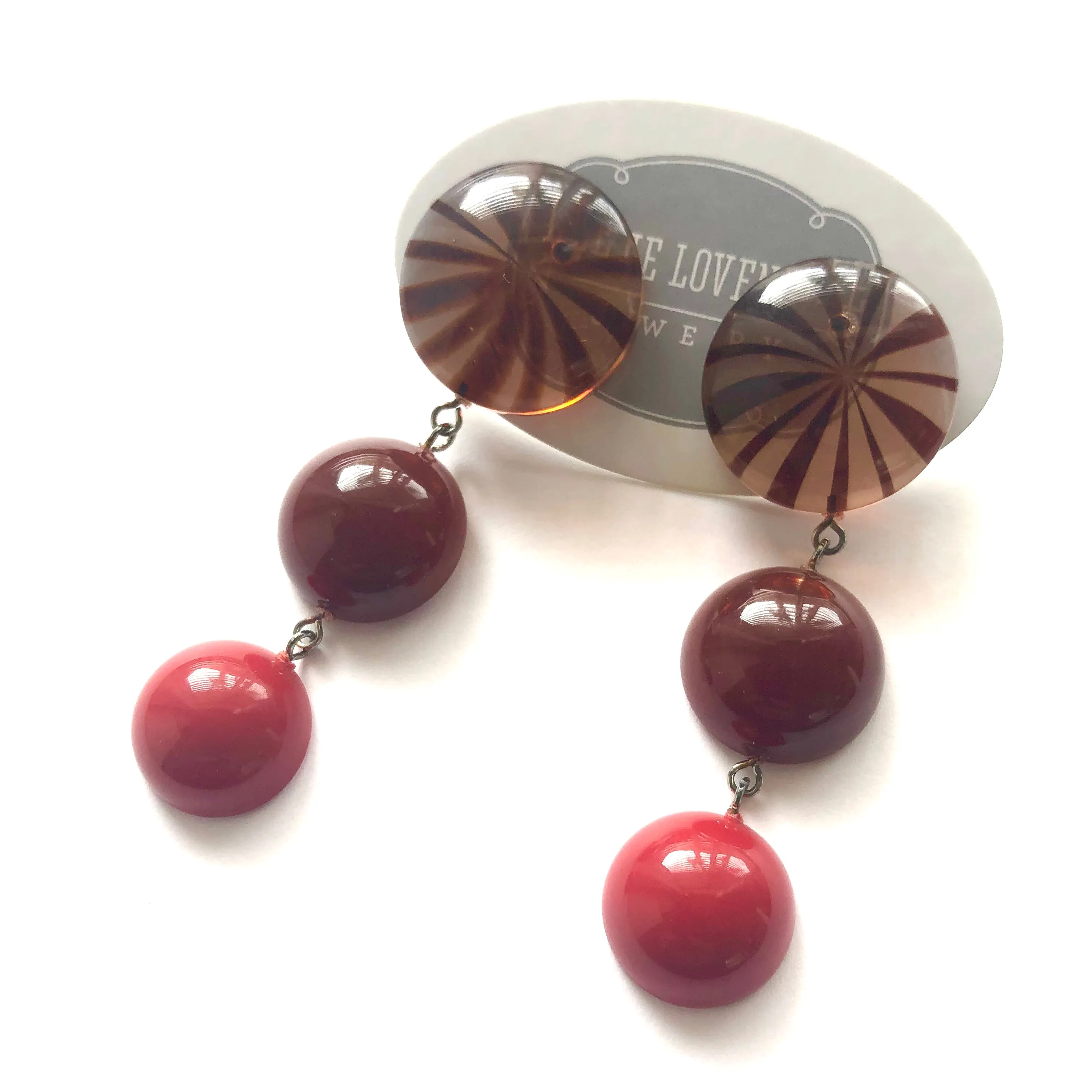 Tortoise Sunburst Carnelian & Red Tri Dot Drop Earrings