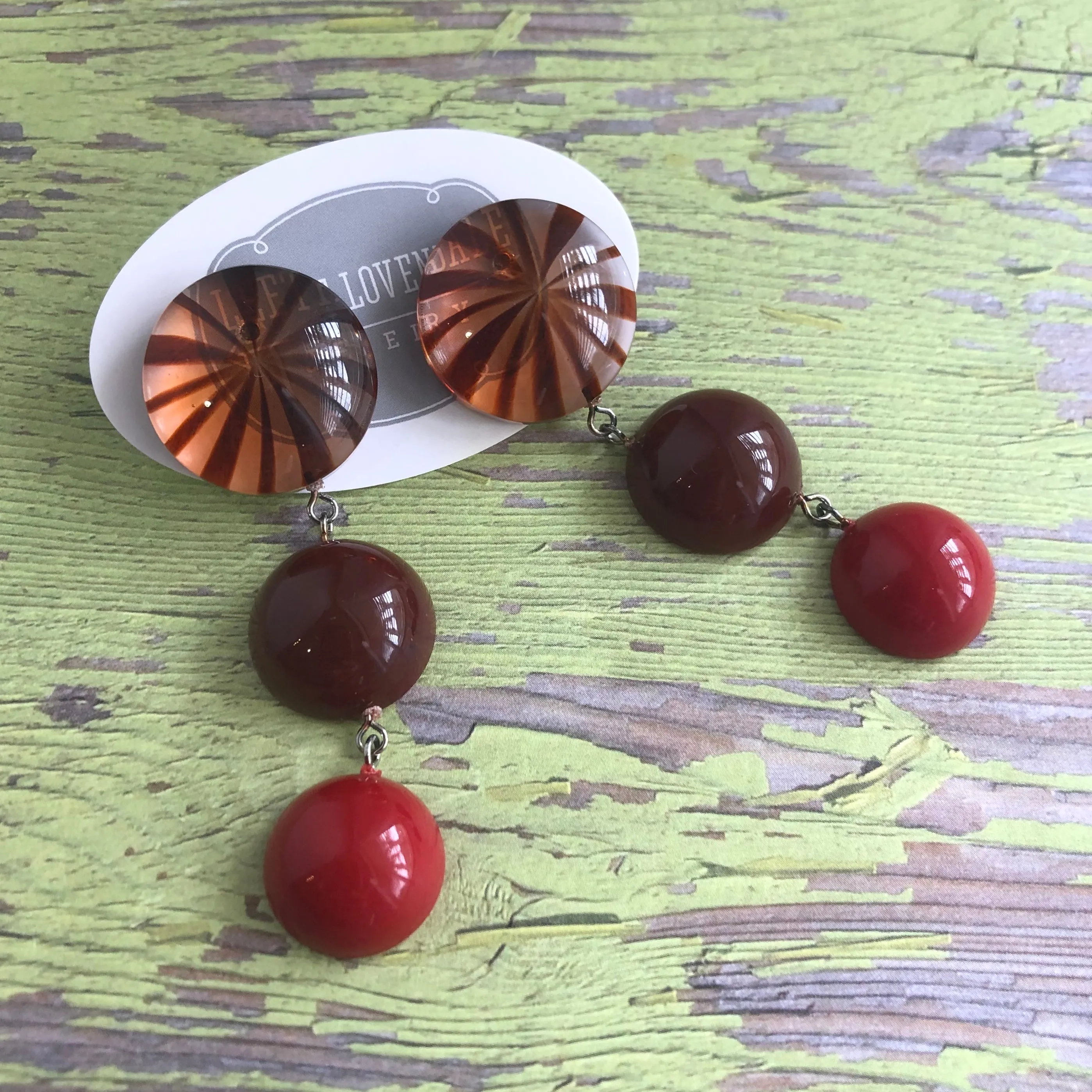 Tortoise Sunburst Carnelian & Red Tri Dot Drop Earrings