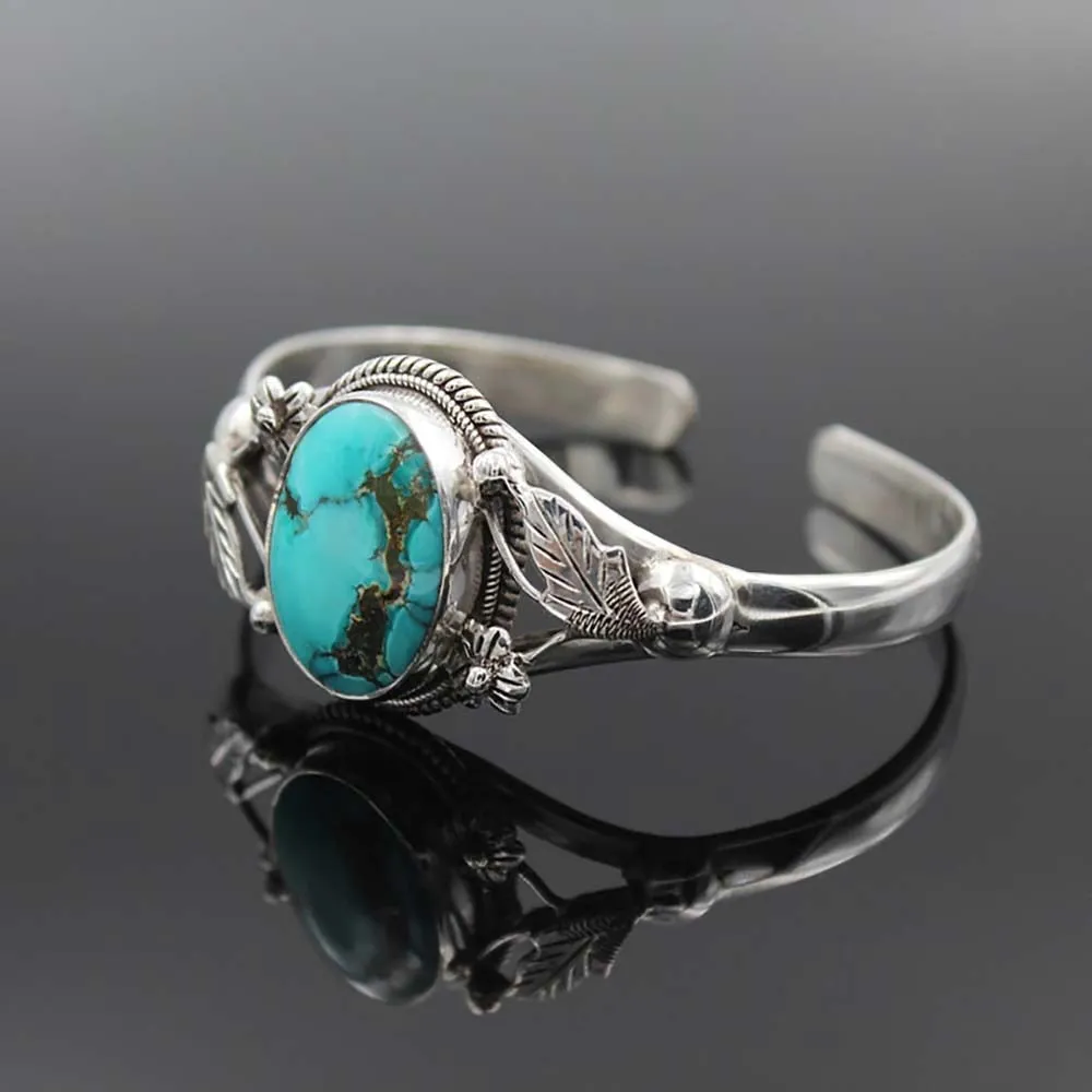 Turquoise & Silver Tone Cuff Bracelet Tribal Leaves Southwestern Style Natural Stone Adjustable Bohemian Bangle