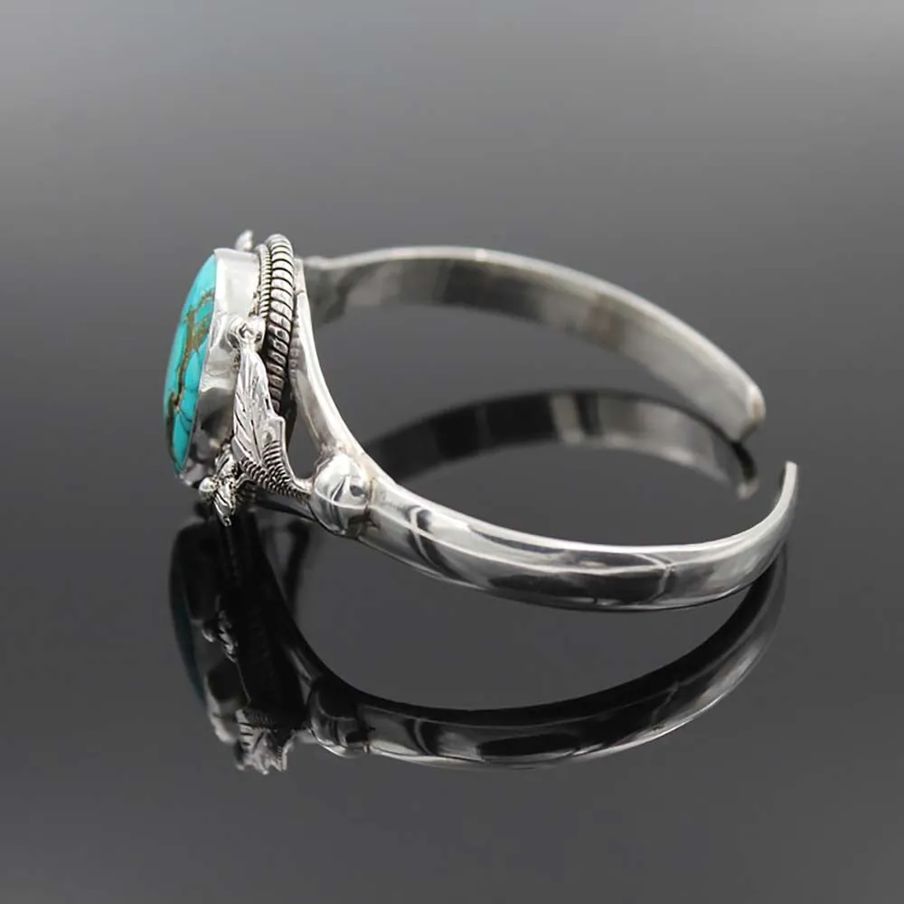 Turquoise & Silver Tone Cuff Bracelet Tribal Leaves Southwestern Style Natural Stone Adjustable Bohemian Bangle