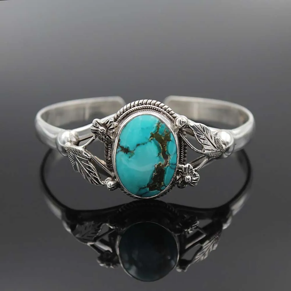 Turquoise & Silver Tone Cuff Bracelet Tribal Leaves Southwestern Style Natural Stone Adjustable Bohemian Bangle