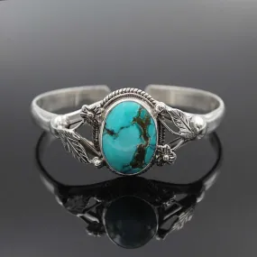 Turquoise & Silver Tone Cuff Bracelet Tribal Leaves Southwestern Style Natural Stone Adjustable Bohemian Bangle