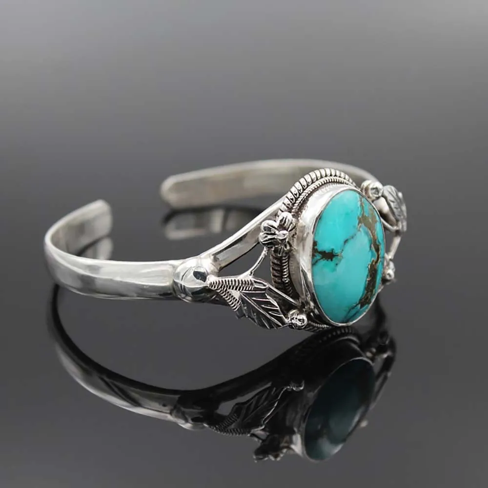 Turquoise & Silver Tone Cuff Bracelet Tribal Leaves Southwestern Style Natural Stone Adjustable Bohemian Bangle