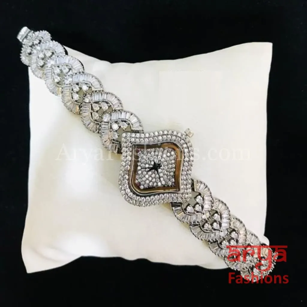 Victorian Black Designer CZ Watch/ CZ Stone Ladies Wrist Watch/ Hip Hop Watch
