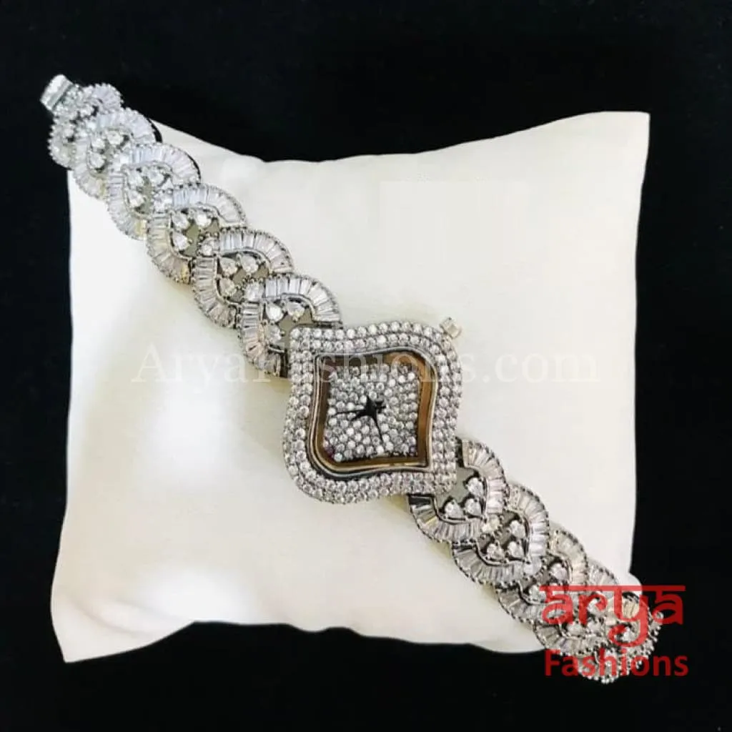 Victorian Black Designer CZ Watch/ CZ Stone Ladies Wrist Watch/ Hip Hop Watch