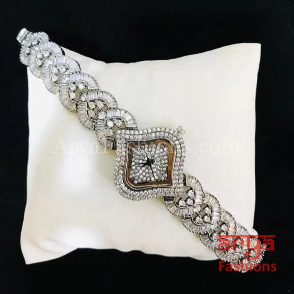 Victorian Black Designer CZ Watch/ CZ Stone Ladies Wrist Watch/ Hip Hop Watch