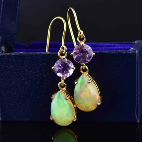 Vintage Amethyst Fire Opal Gold Dangle Earrings