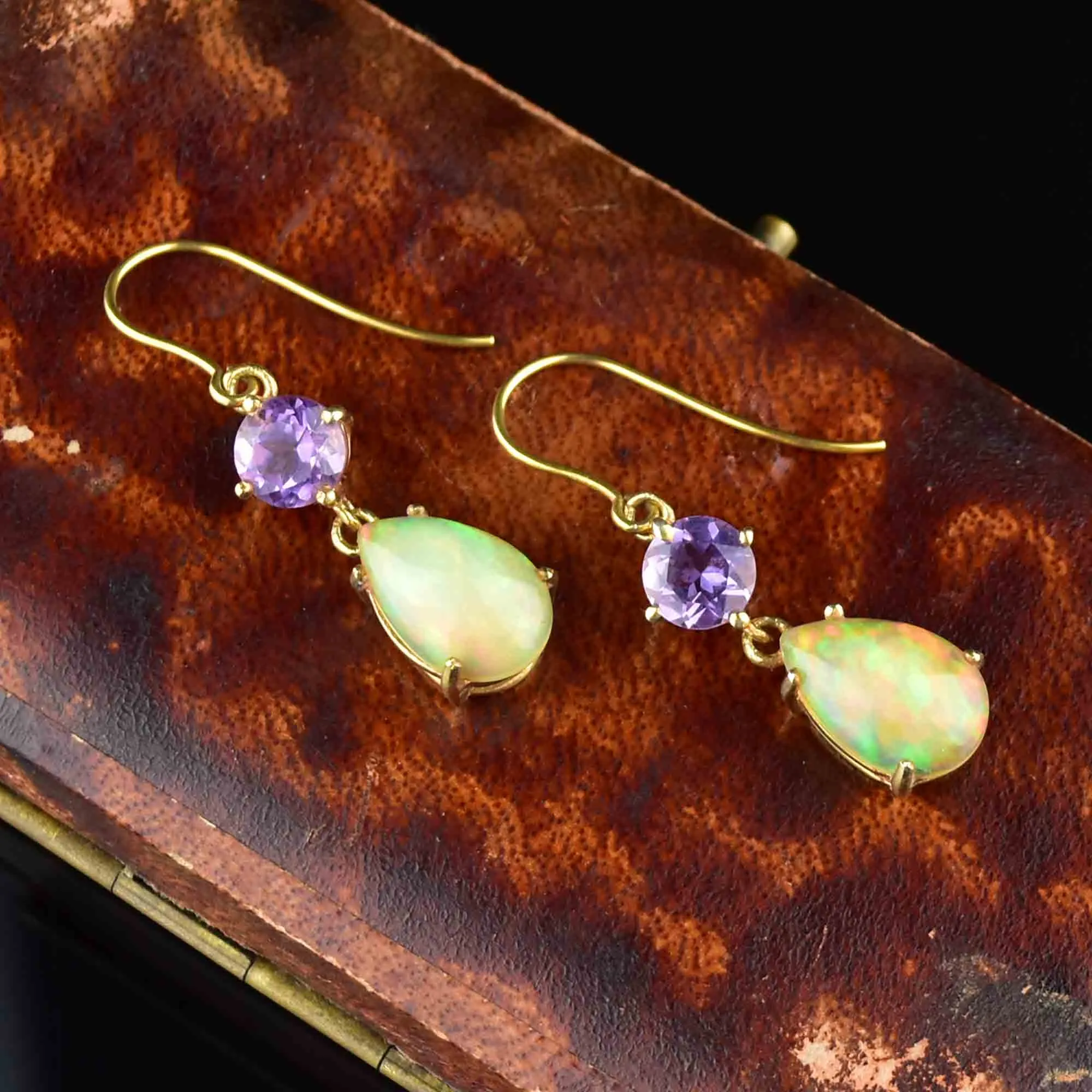Vintage Amethyst Fire Opal Gold Dangle Earrings