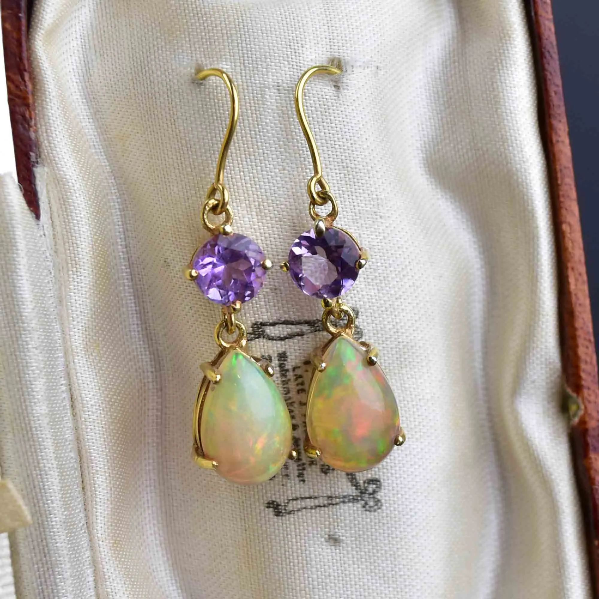Vintage Amethyst Fire Opal Gold Dangle Earrings