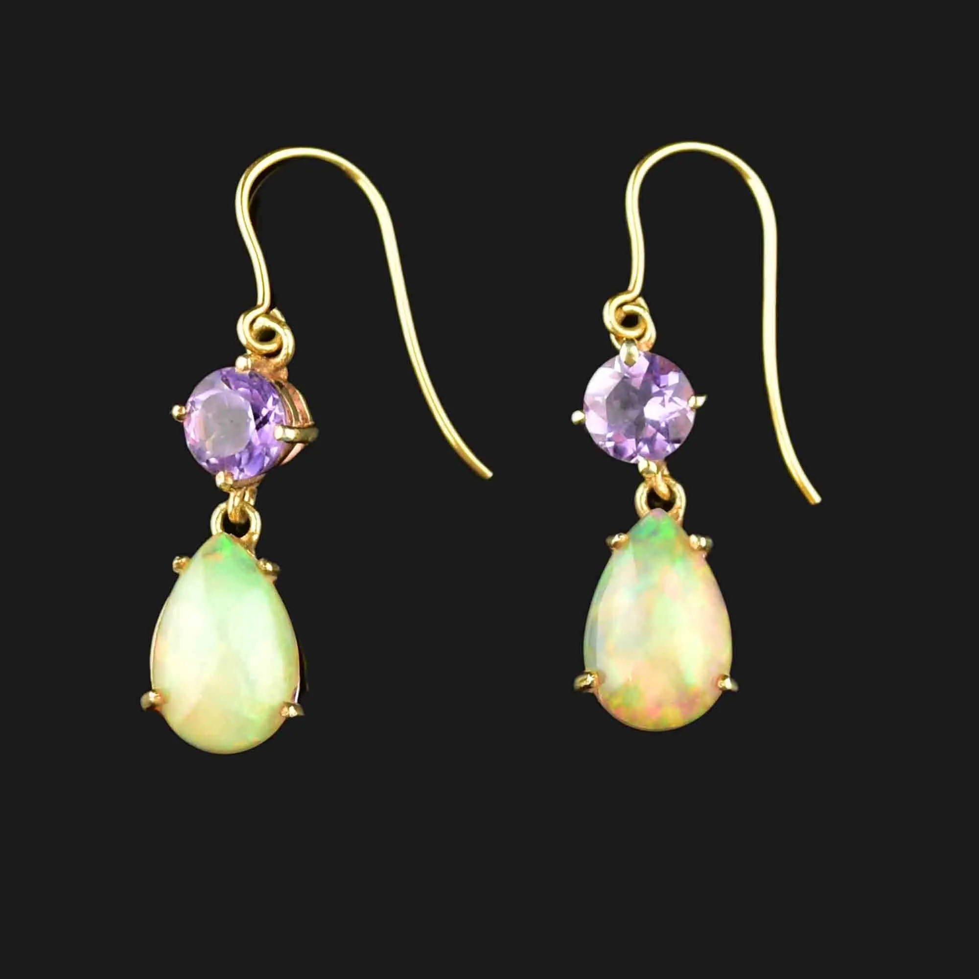 Vintage Amethyst Fire Opal Gold Dangle Earrings